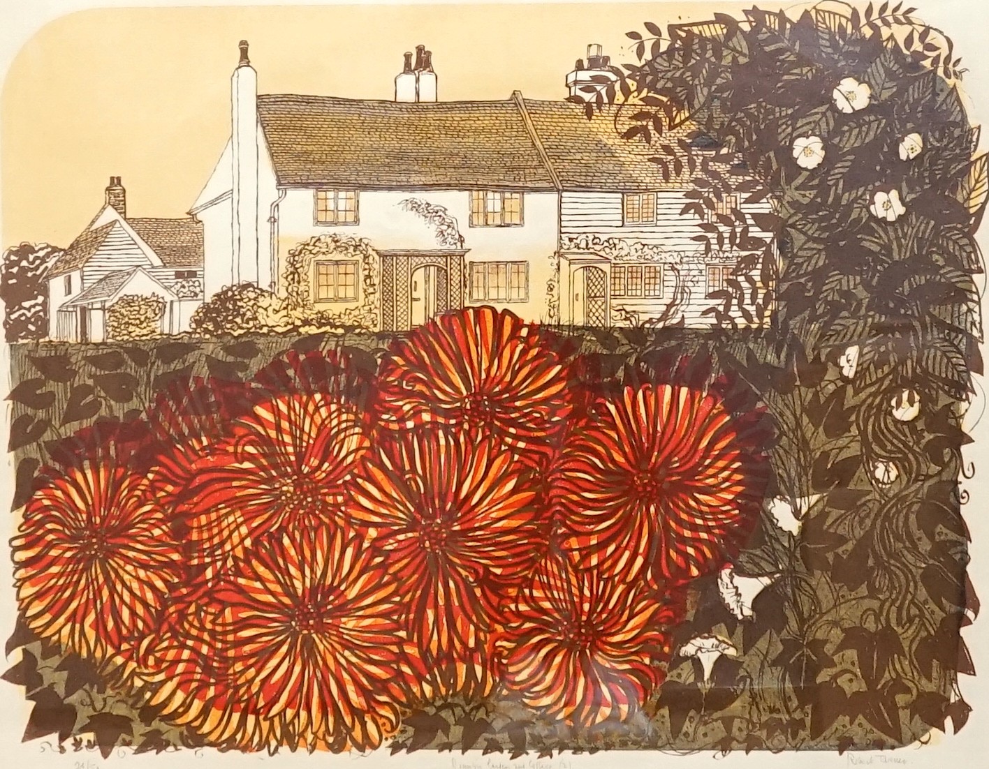 Robert Tavener (1920-2004), linocut, Country garden and cottage (2), signed in pencil, 24/50, visible sheet 48 x 60cm